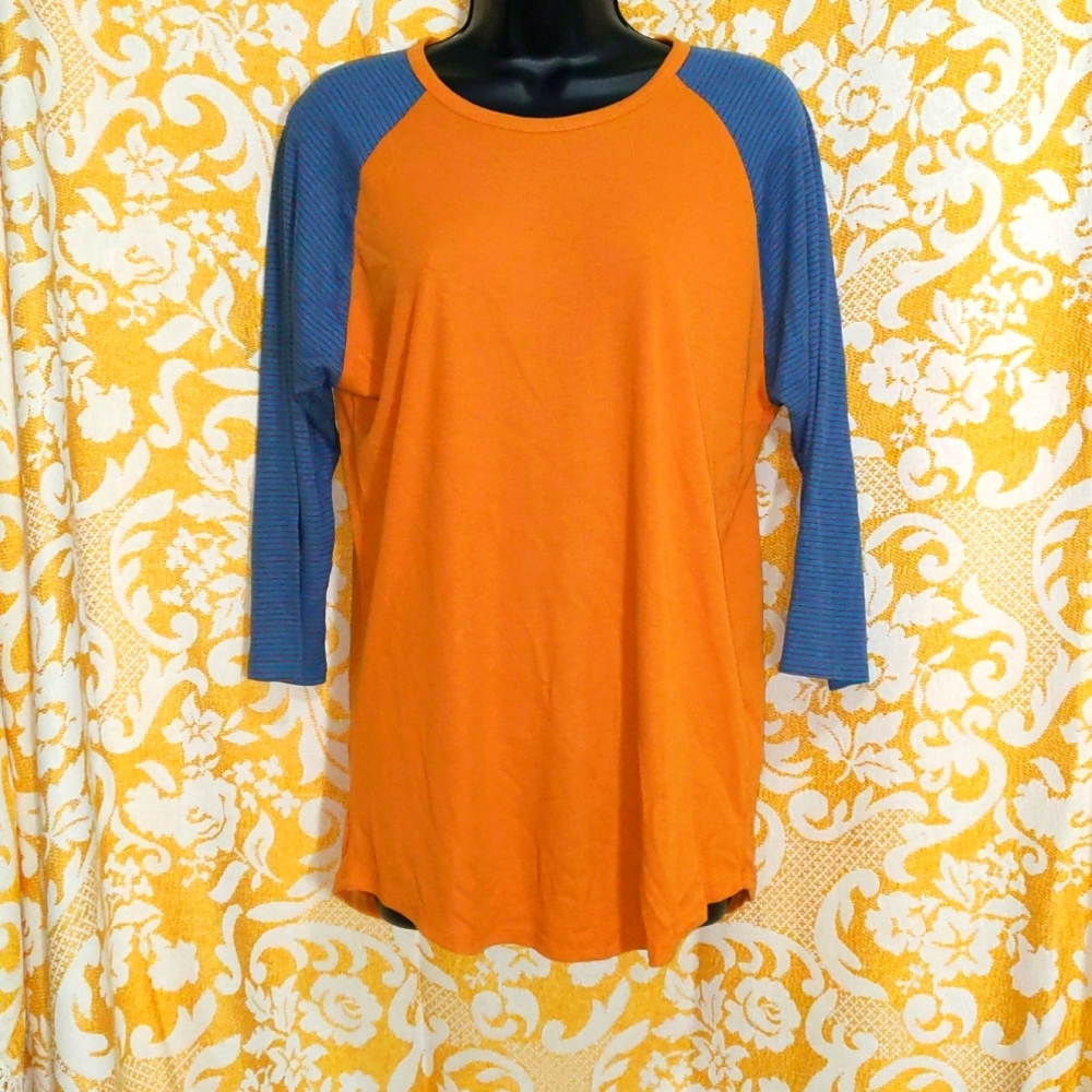 Large 3/4 sleeve orange and blue shirt by Lularoe. NWOT
